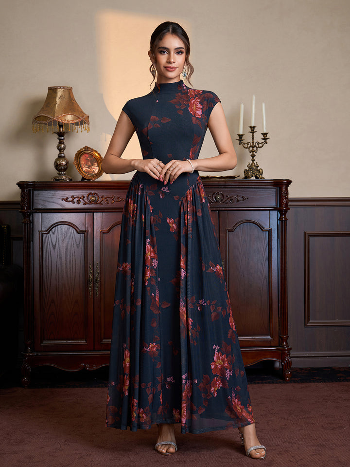 Floral Print Stand Collar Neck Flared Hem Mesh Dress