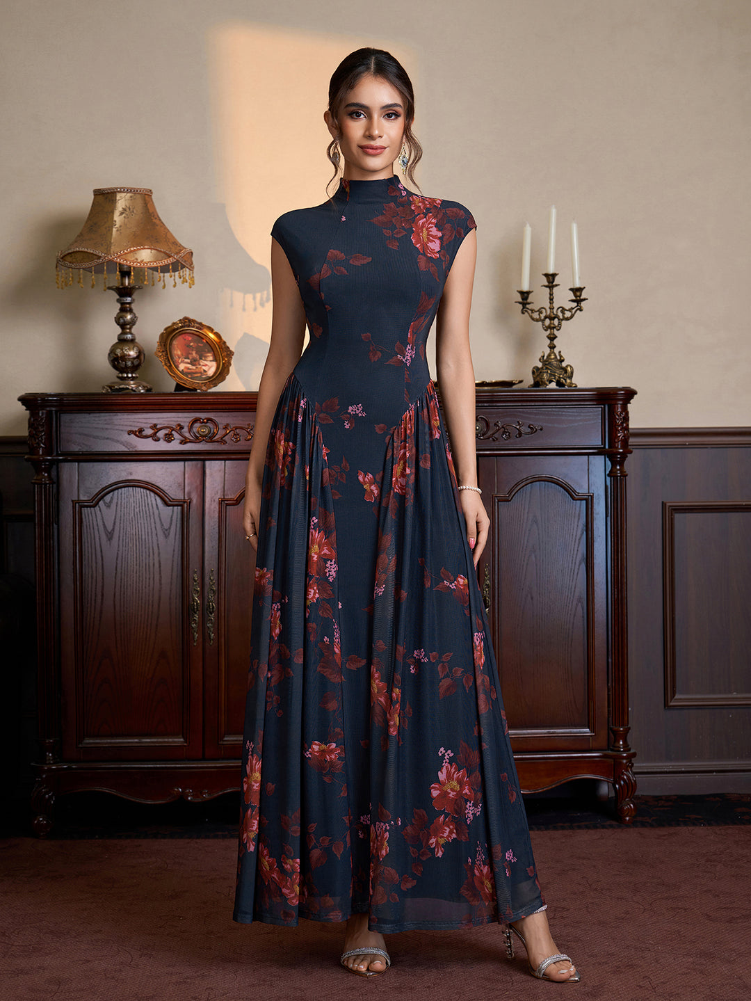 Stand Collar Neck Flared Hem Floral Print Mesh Dress