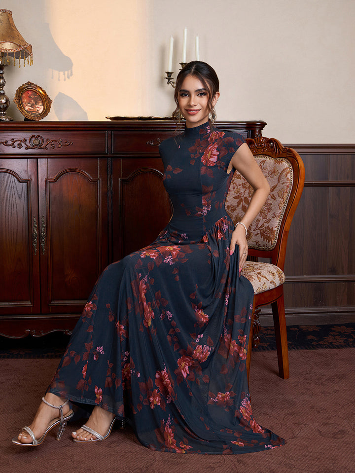Flared Hem Stand Collar Neck Floral Print Mesh Dress