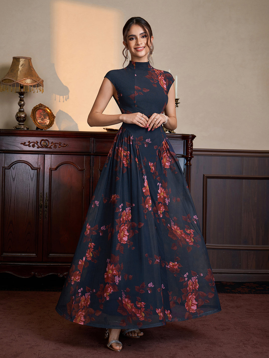 Flared Hem Floral Print Stand Collar Neck Mesh Dress