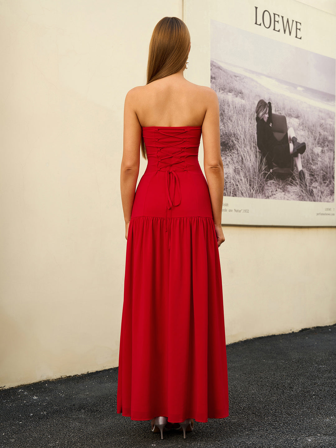 Strapless Tie Crisscross Back Split Thigh Solid Dress#color_red