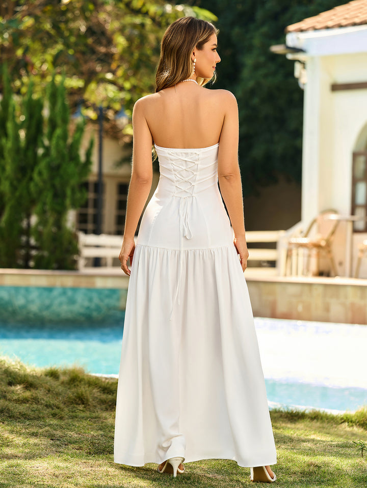 Strapless Tie Crisscross Back Split Thigh Solid Dress#color_white