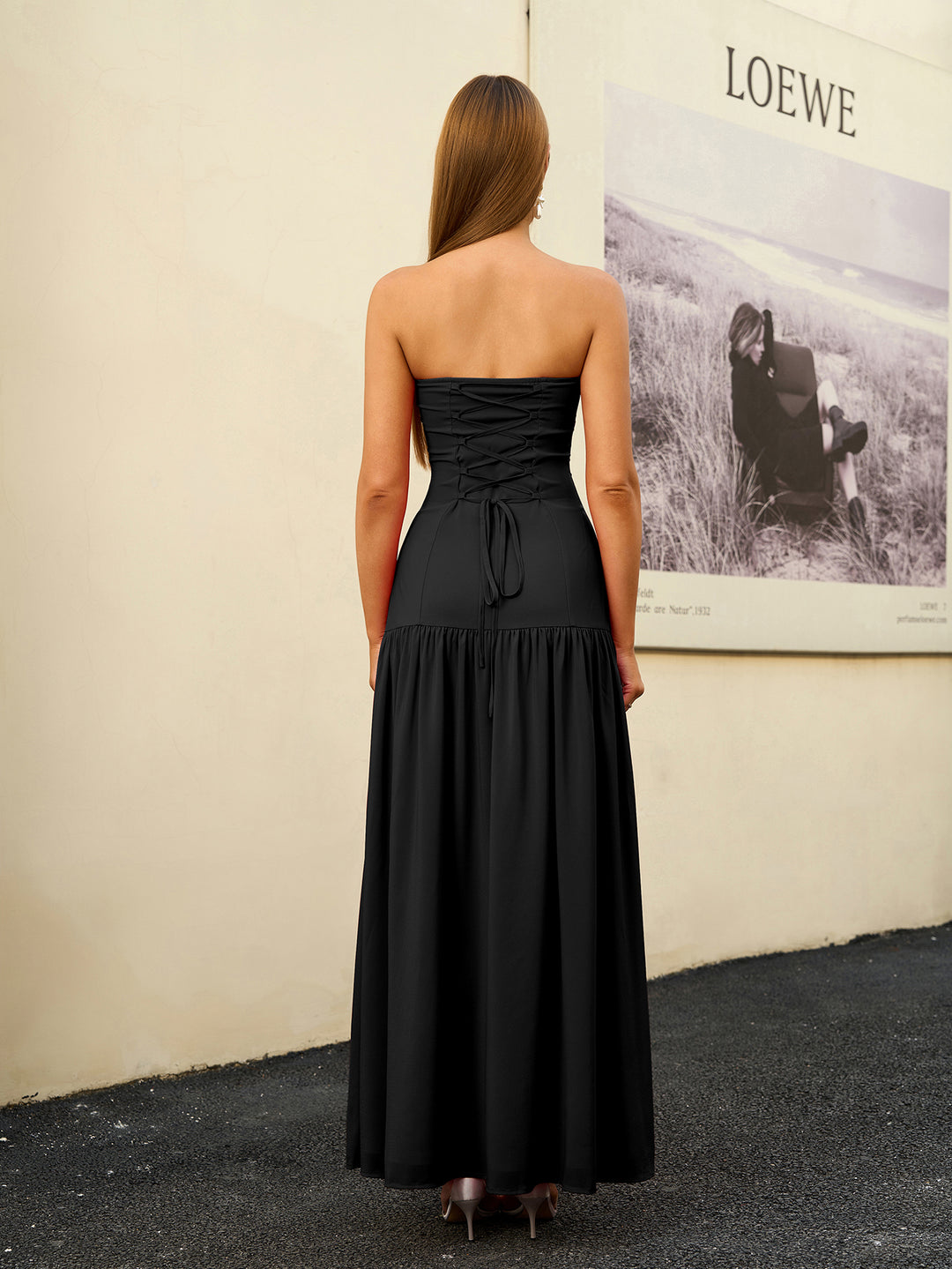 Strapless Tie Crisscross Back Split Thigh Solid Dress#color_black