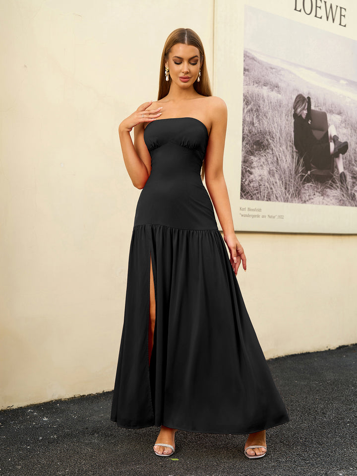 Crisscross Strapless Tie Back Split Thigh Solid Dress#color_black