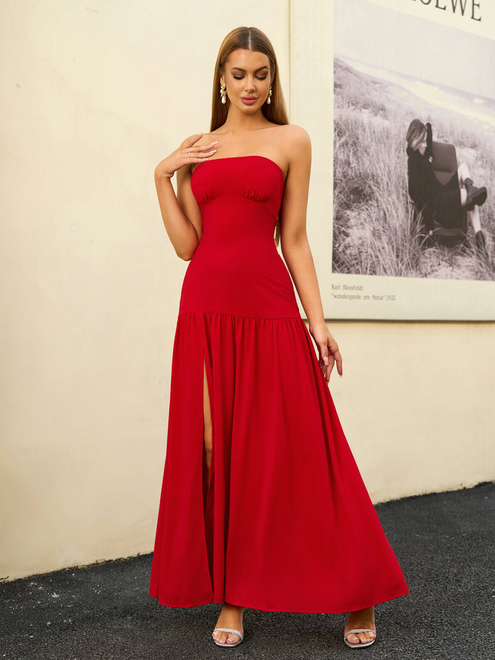 Crisscross Strapless Tie Back Split Thigh Solid Dress#color_red