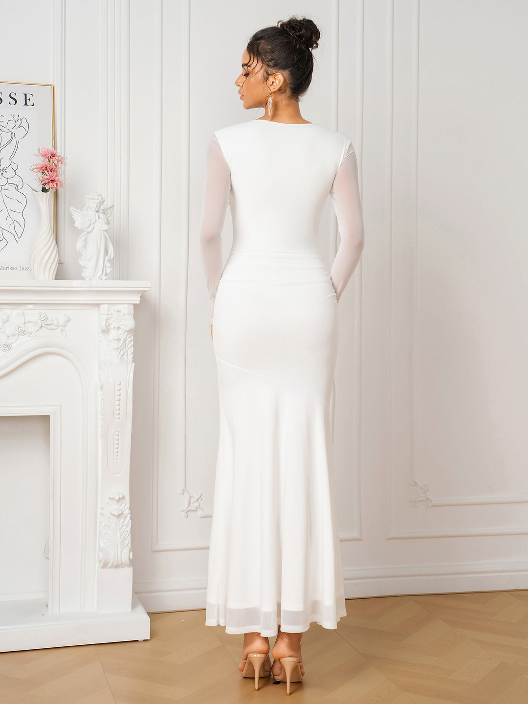 Sweetheart Neck Long Sleeve Ruched Mesh Dress