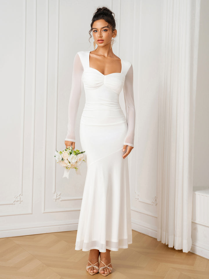 Long Sleeve Sweetheart Neck Ruched Mesh Dress