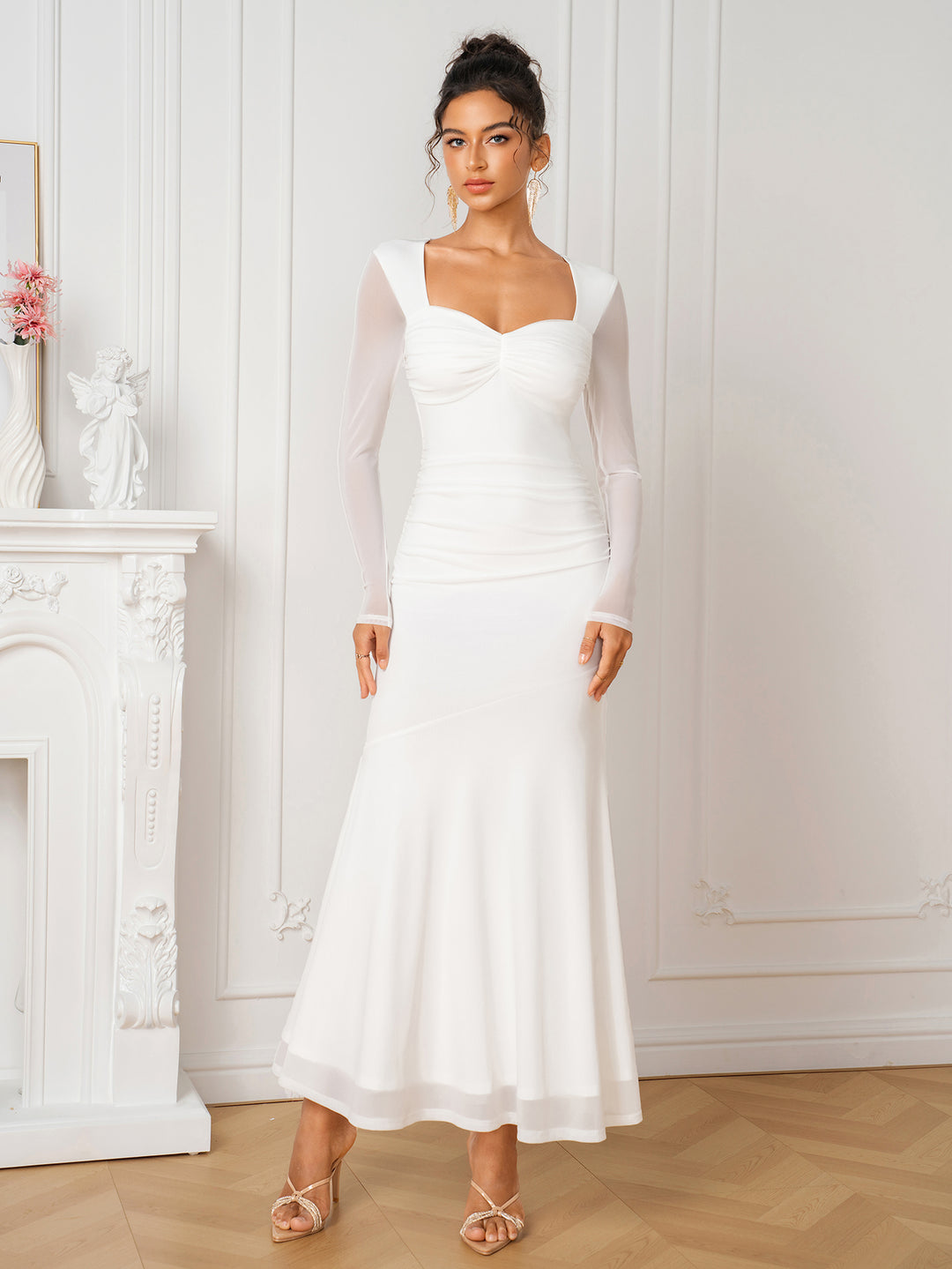 Sweetheart Neck Ruched Long Sleeve Mesh Dress