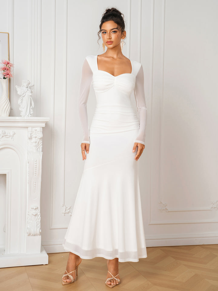 Sweetheart Neck Ruched Long Sleeve Mesh Dress
