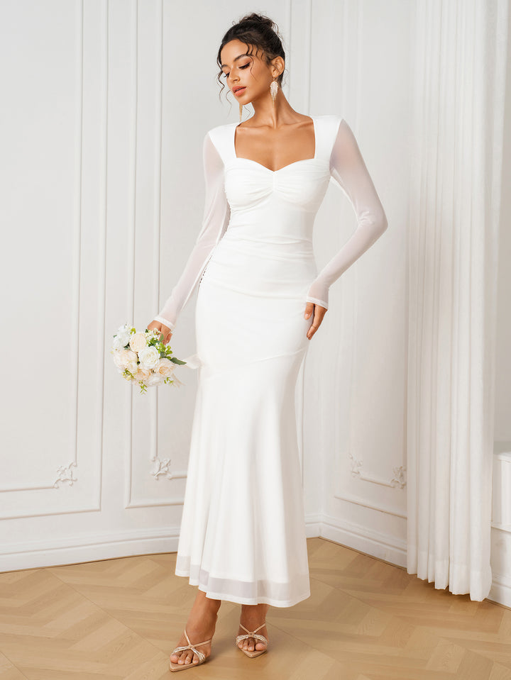 Ruched Sweetheart Neck Long Sleeve Mesh Dress
