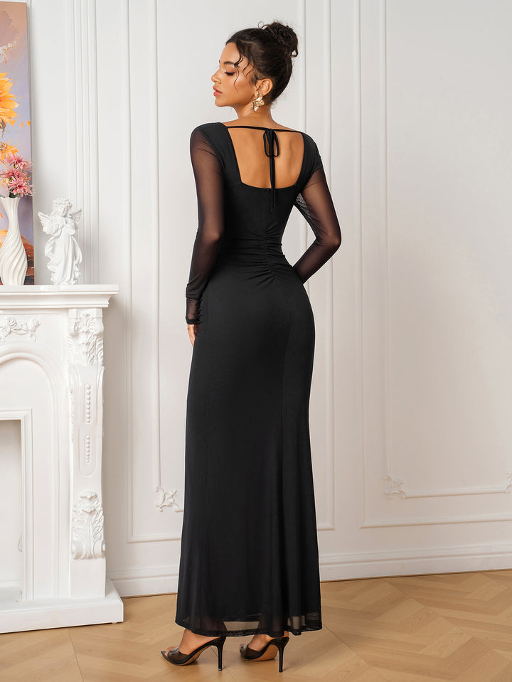 Tie Back Solid Ruched Long Sleeve Maxi Dress