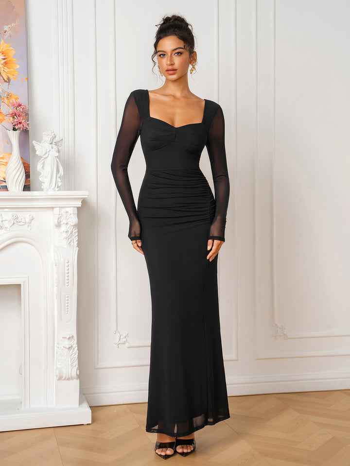Tie Back Ruched Solid Long Sleeve Maxi Dress