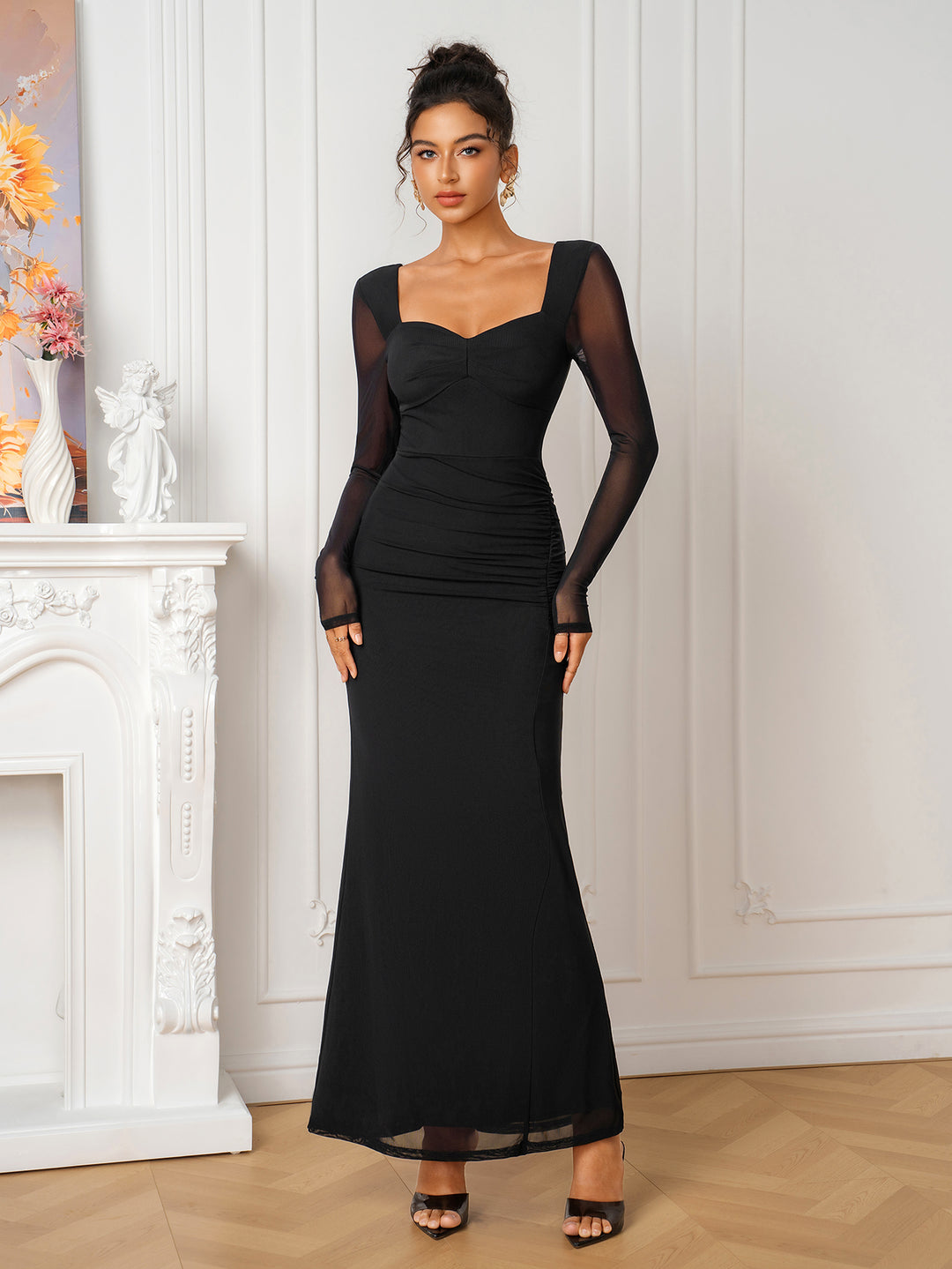Ruched Solid Tie Back Long Sleeve Maxi Dress