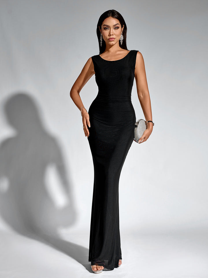mesh mermaid hem tie backless bodycon dress