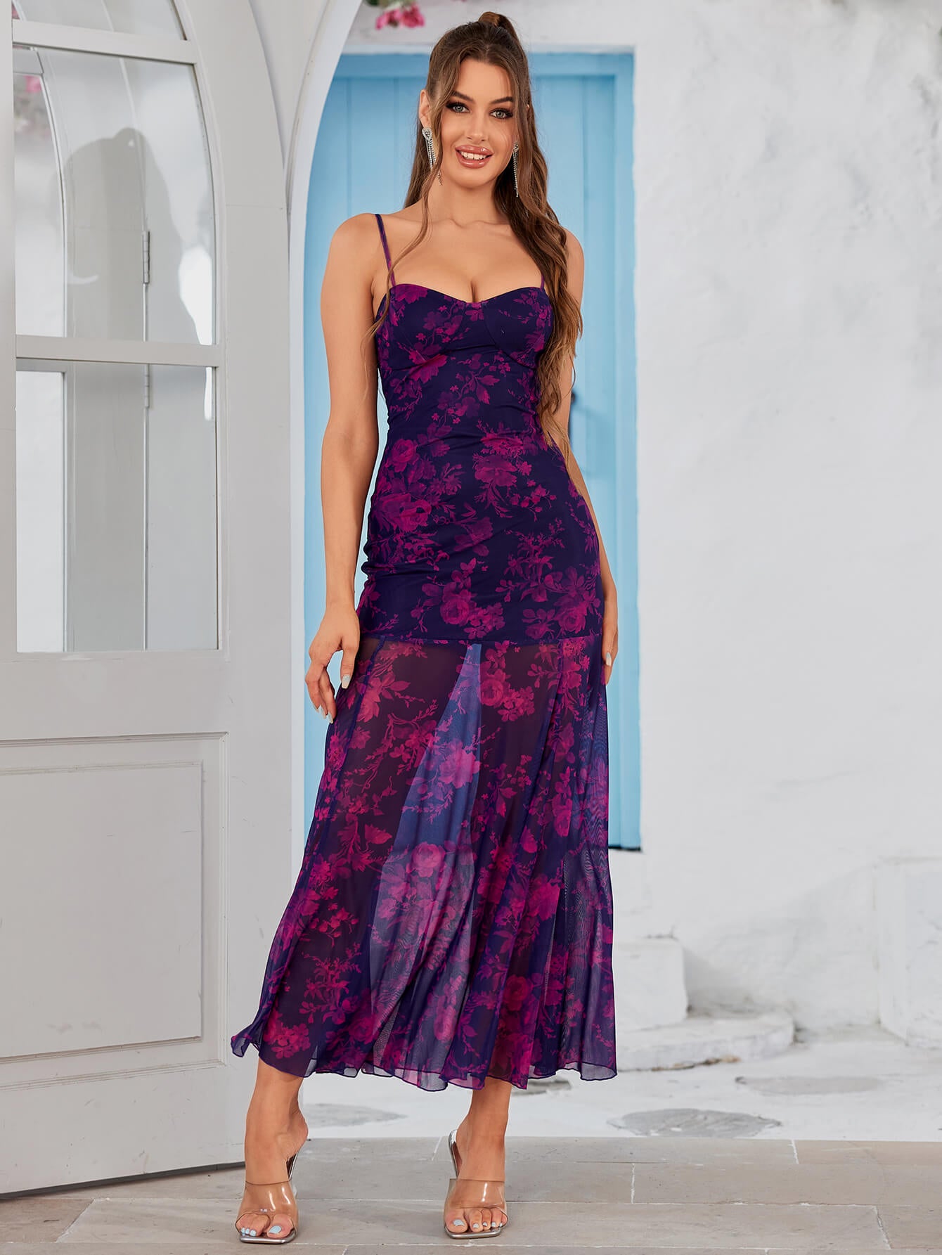 Tie Dye Ruched Bust Mesh Cami Dress  Parthea Fashion