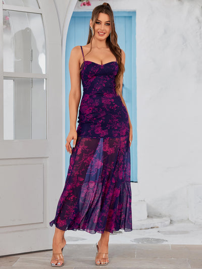 backless tie dye ruched bust mesh cami dress#color_purple