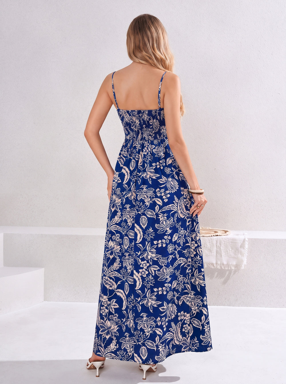 Tie Front Backless Ruched Floral Print Cami Dress#color_navyfloral