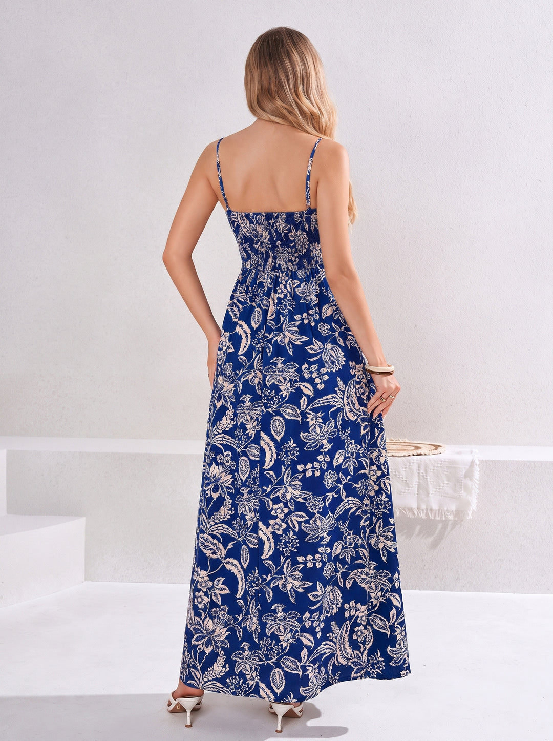 Tie Front Backless Ruched Floral Print Cami Dress