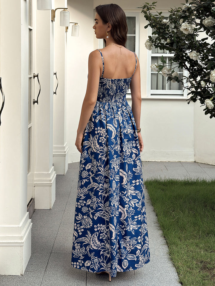 Tie Front Backless Ruched Floral Print Cami Dress