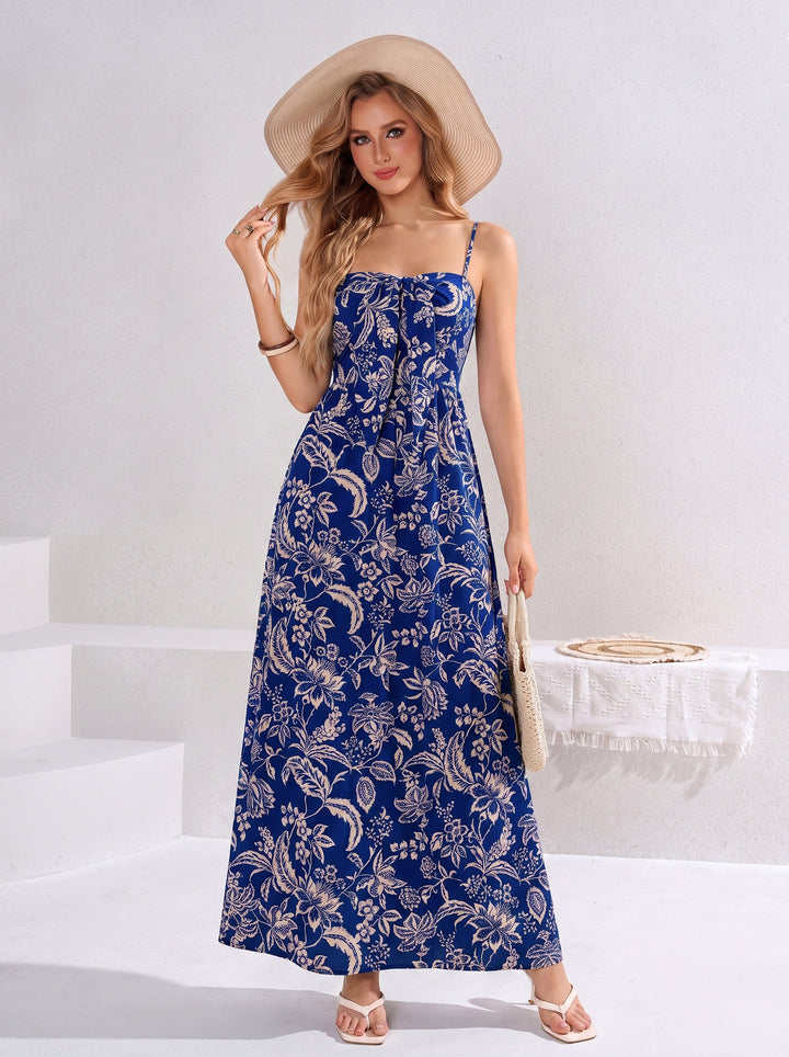 Tie Front Ruched Backless Floral Print Cami Dress