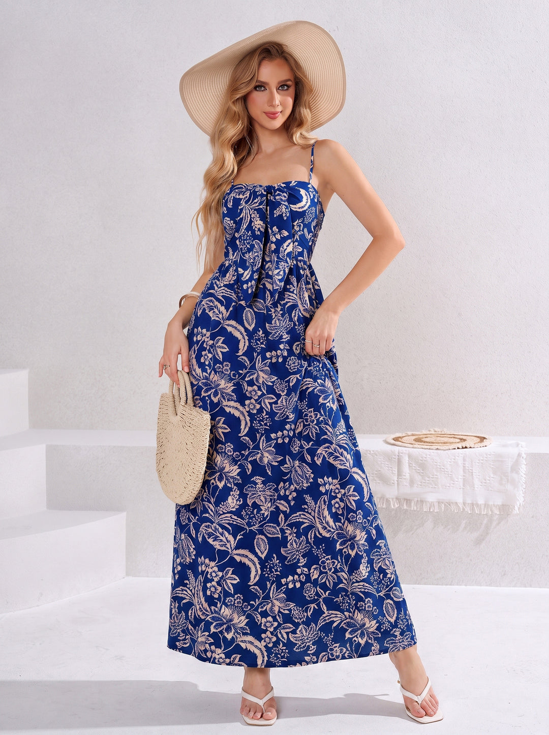 Backless Ruched Tie Front Floral Print Cami Dress