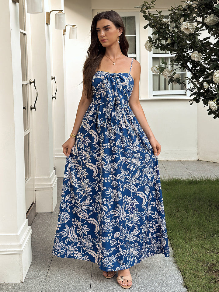 Backless Tie Front Ruched Floral Print Cami Dress