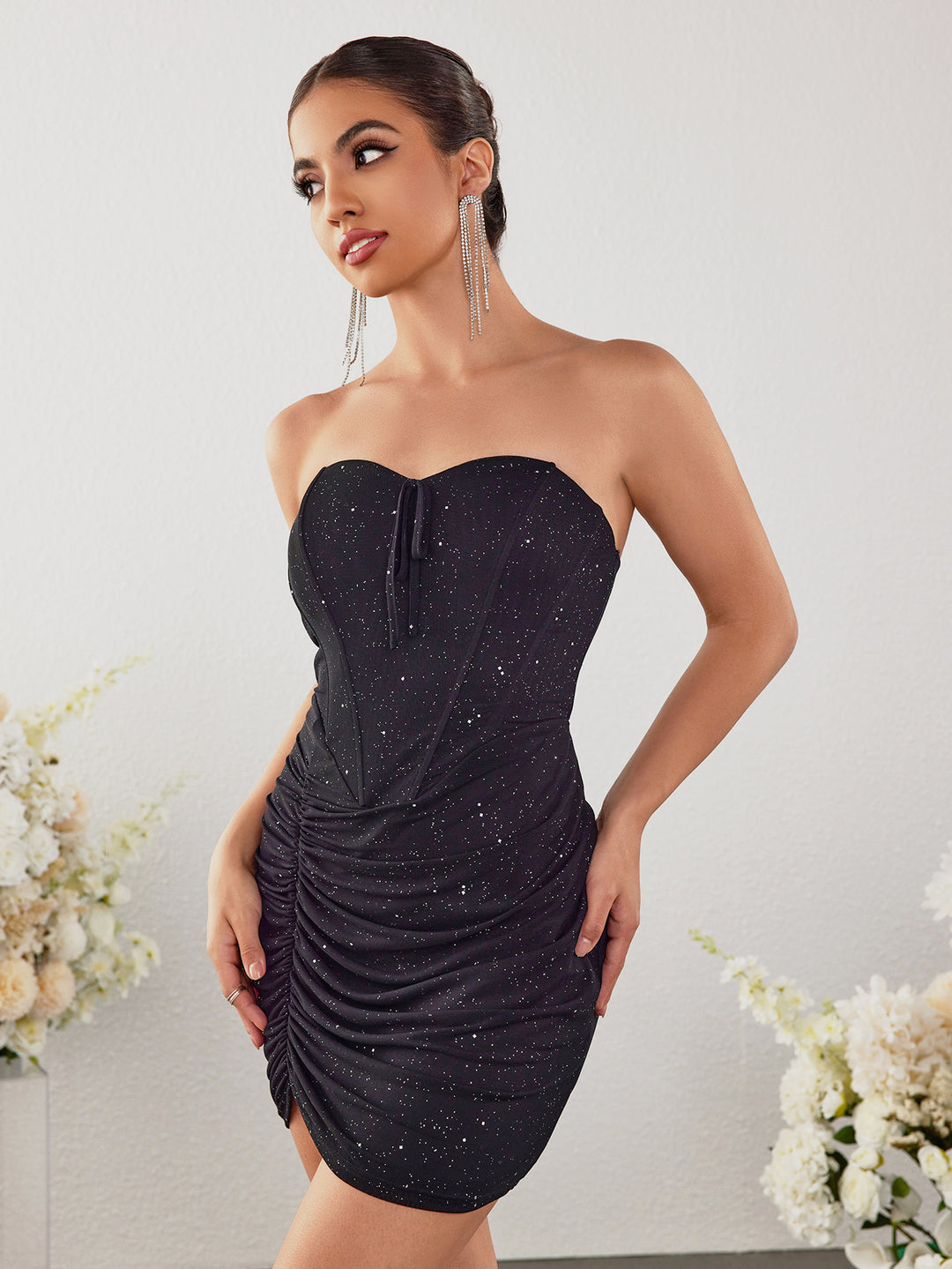 Tie Front Glitter Asymmetrical Hem Tube Dress, Black / Xs Tie Front Glitter Asymmetrical Hem Tube Dress, Black / Xs