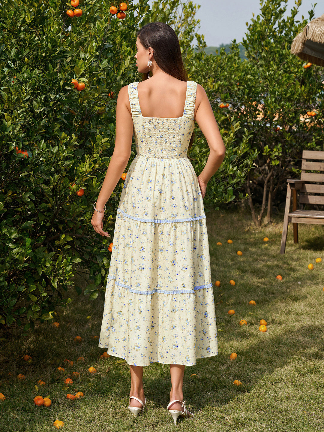 Tie Lace Front Trim Ruched Floral Print Dress#color_yellowblue