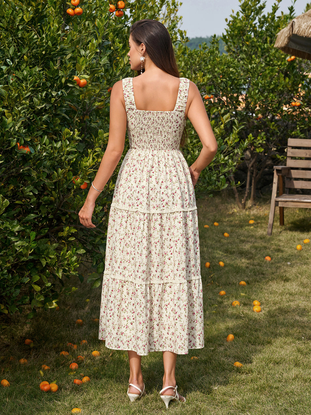 Tie Lace Front Trim Ruched Floral Print Dress#color_pinkfloral