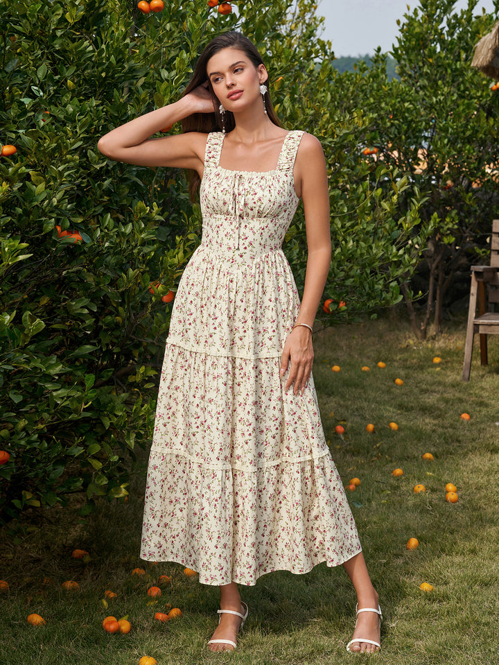 Lace Tie Front Trim Ruched Floral Print Dress#color_pinkfloral