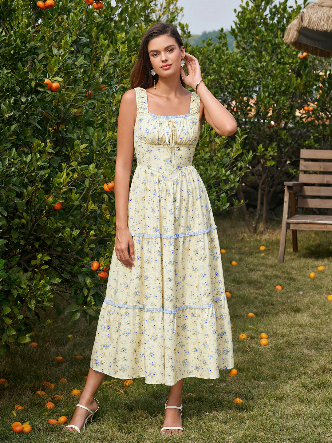 Tie Front Lace Trim Ruched Floral Print Dress#color_yellowblue