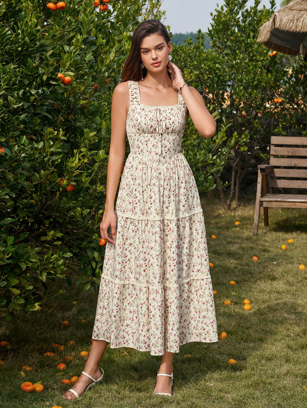 Tie Front Lace Trim Ruched Floral Print Dress#color_pinkfloral