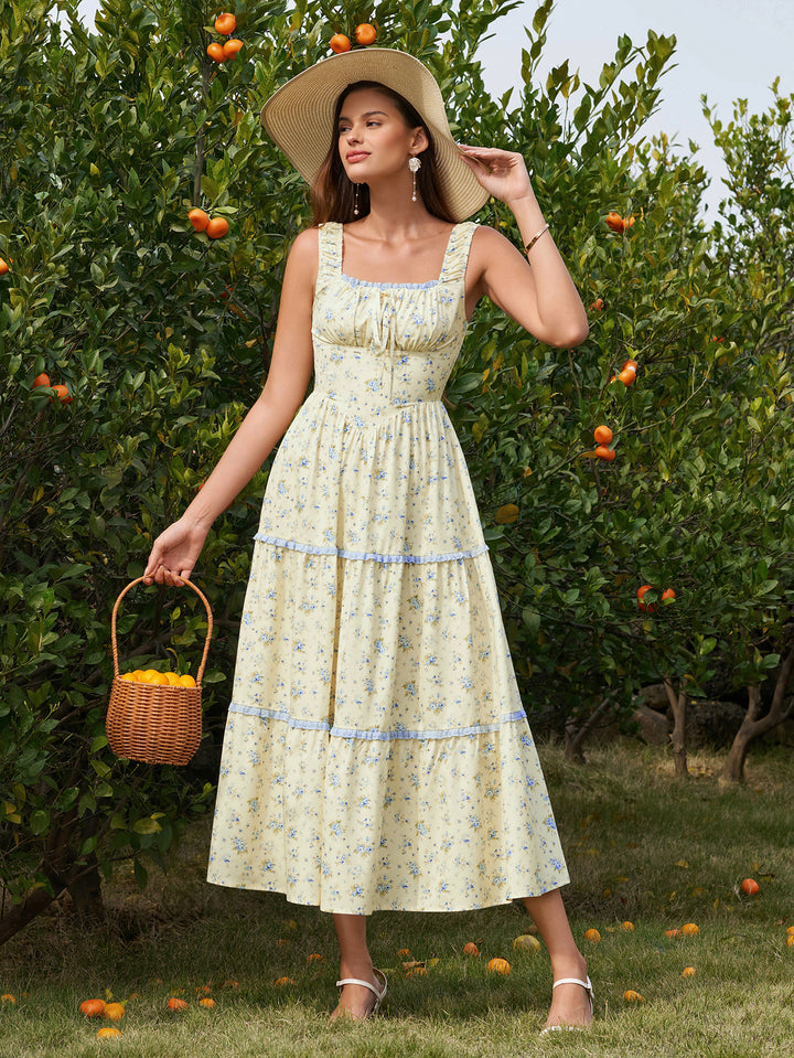 Front Lace Tie Trim Ruched Floral Print Dress#color_yellowblue