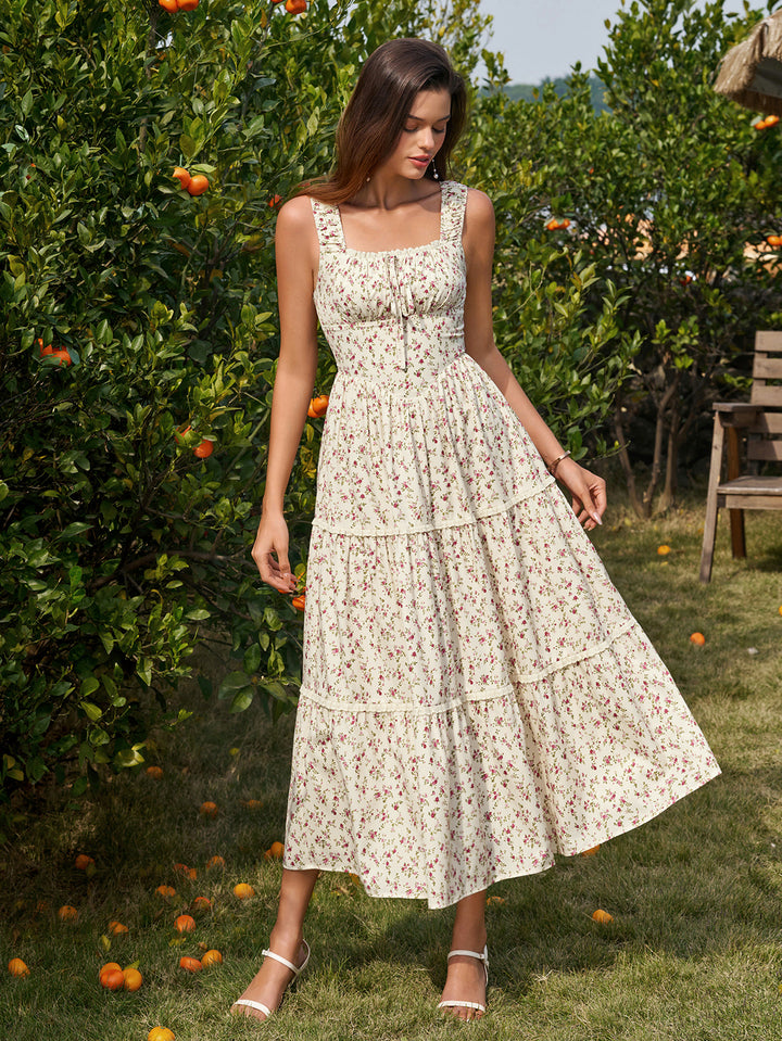 Front Lace Tie Trim Ruched Floral Print Dress#color_pinkfloral