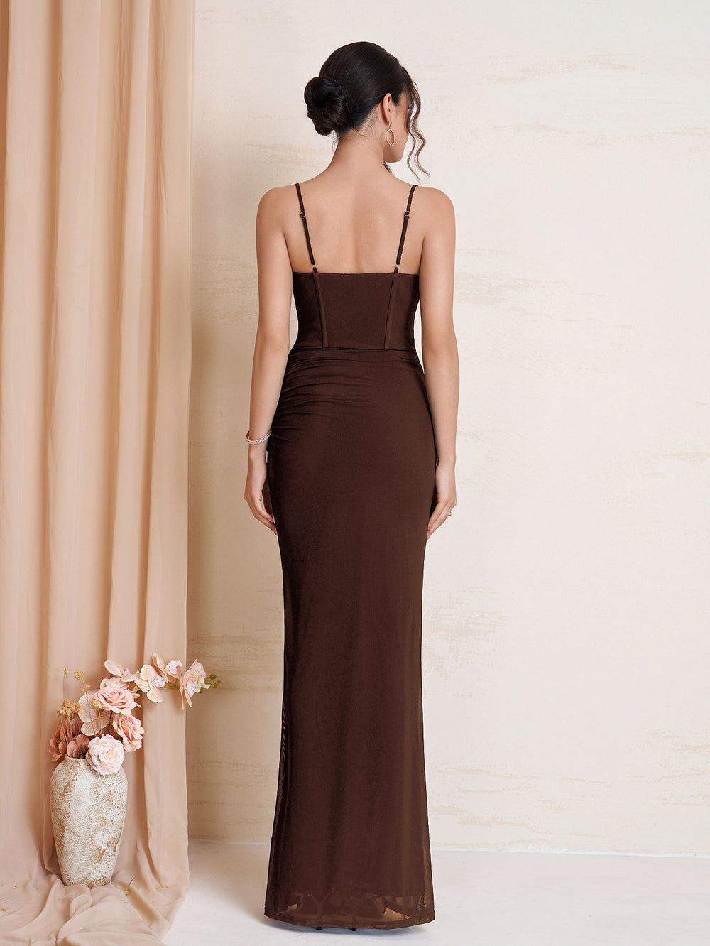 Tie Front Bodycon Ruched Mesh Dress#color_brown