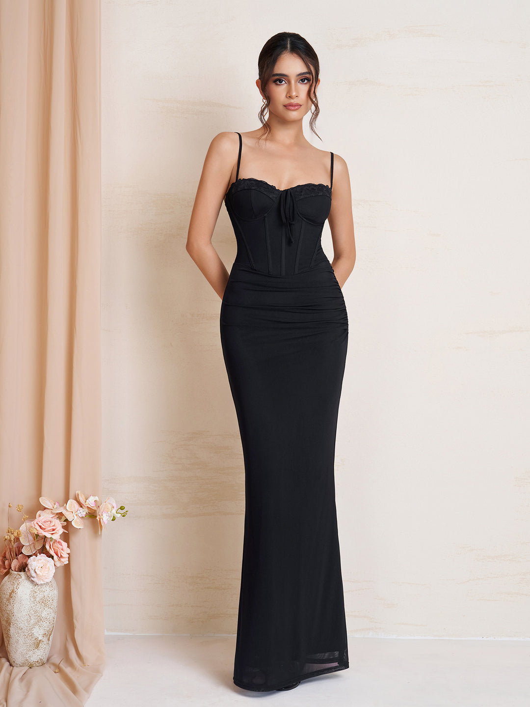 Bodycon Ruched Tie Front Mesh Dress