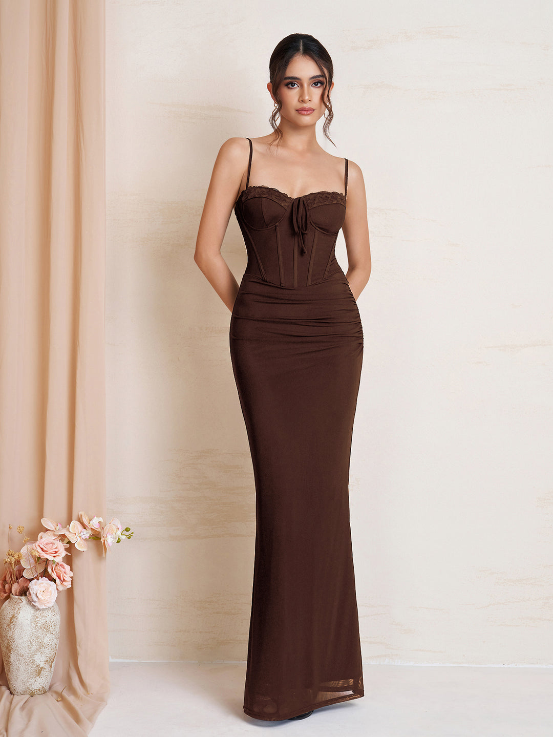 Bodycon Tie Front Ruched Mesh Dress