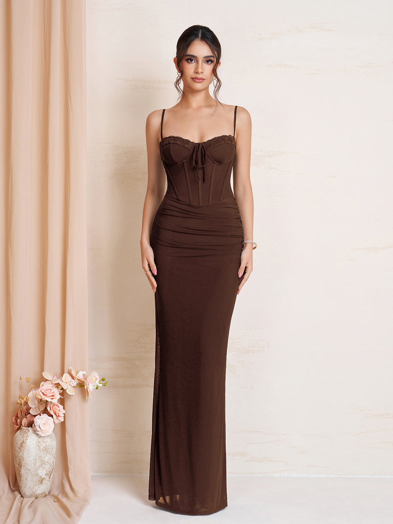 Tie Front Ruched Bodycon Mesh Dress, Brown / XS