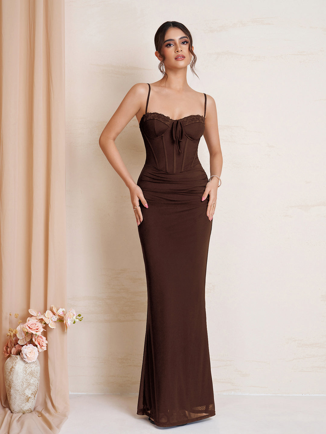 Ruched Tie Front Bodycon Mesh Dress