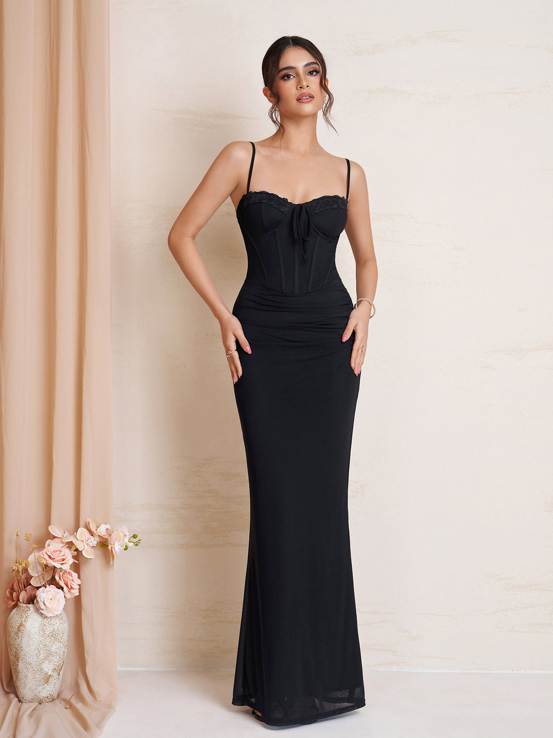 Ruched Tie Front Bodycon Mesh Dress