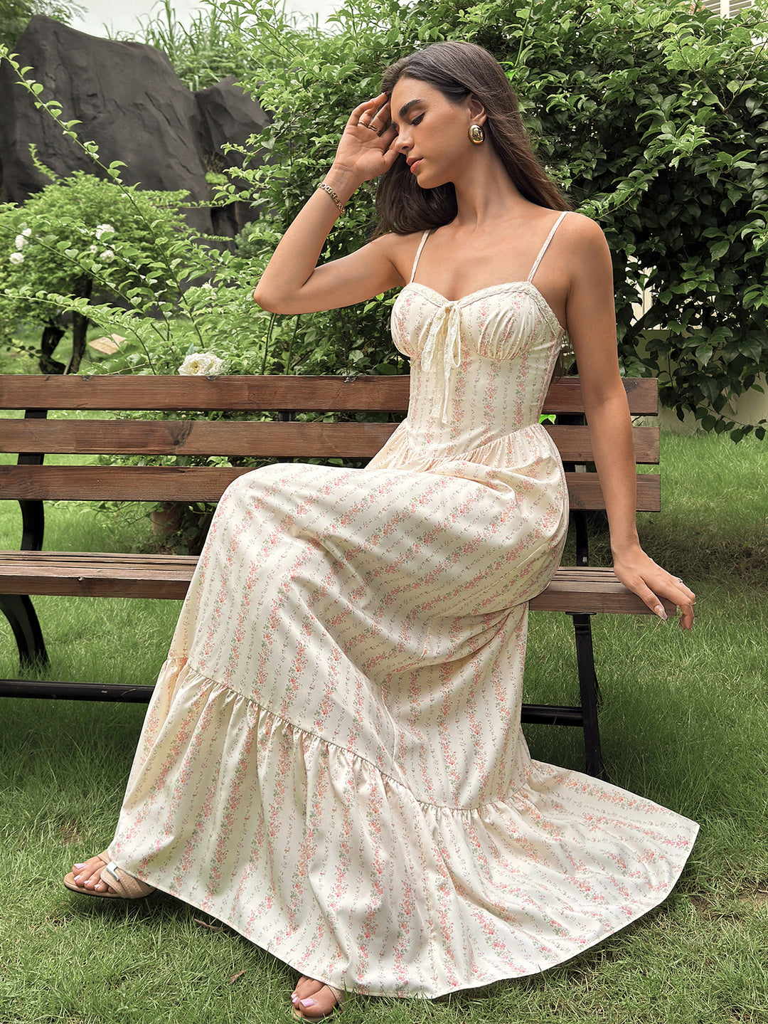 Ruched Pocket Tie Front Floral Print Cami Dress