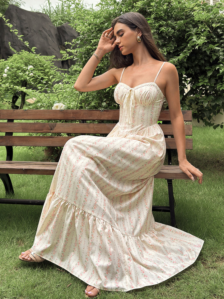 Ruched Pocket Tie Front Floral Print Cami Dress