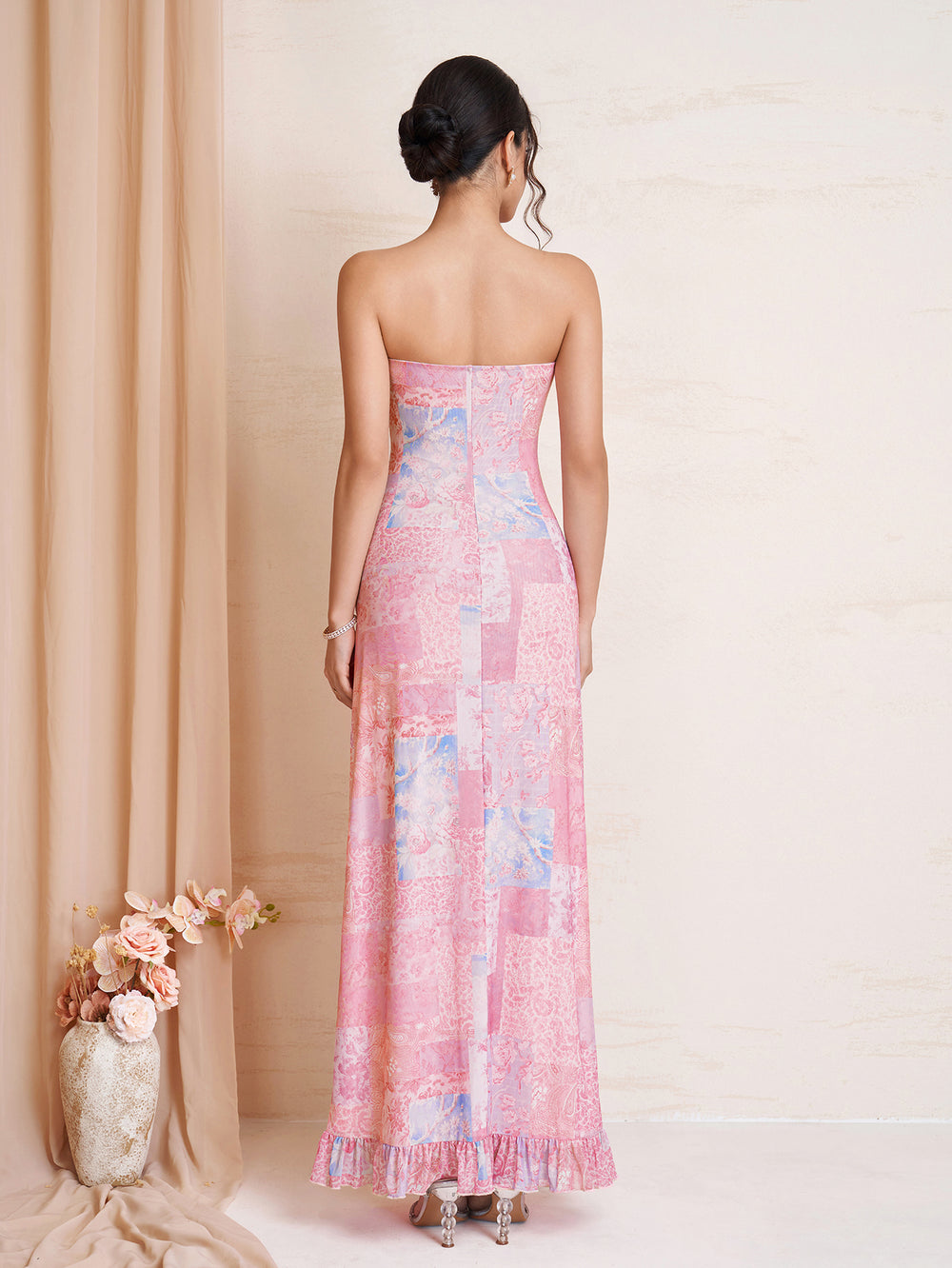 Tie Front Ruffle Hem Ruched Floral Print Tube Dress#color_pinkfloral