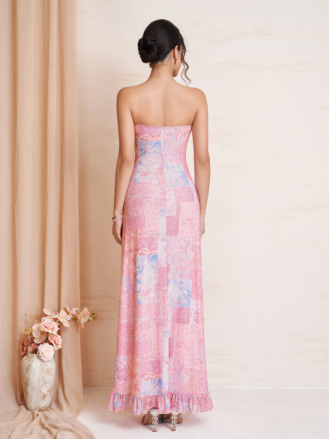 Tie Front Ruffle Hem Ruched Floral Print Tube Dress