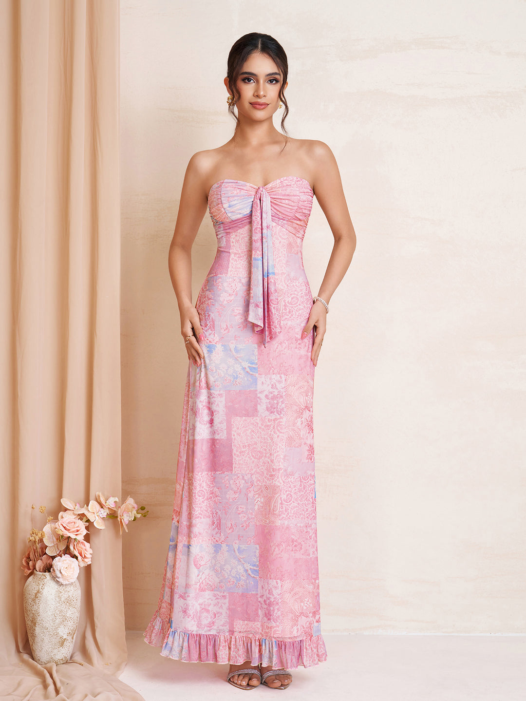 Tie Front Ruched Ruffle Hem Floral Print Tube Dress