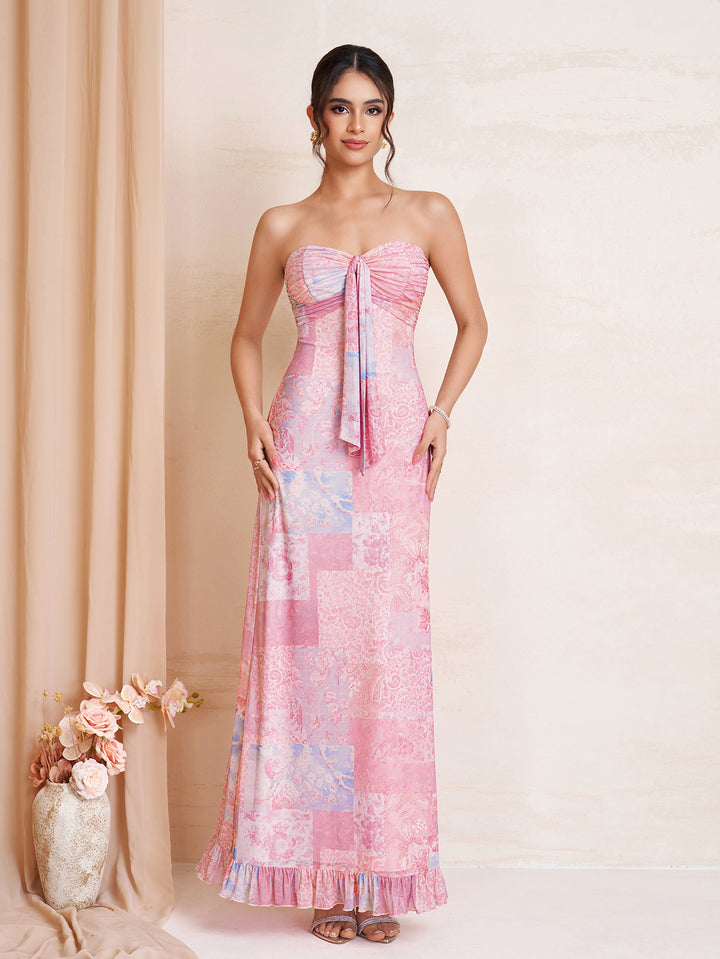 Tie Front Ruched Ruffle Hem Floral Print Tube Dress
