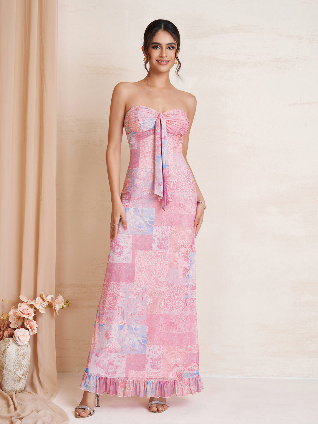 Ruched Ruffle Hem Tie Front Floral Print Tube Dress