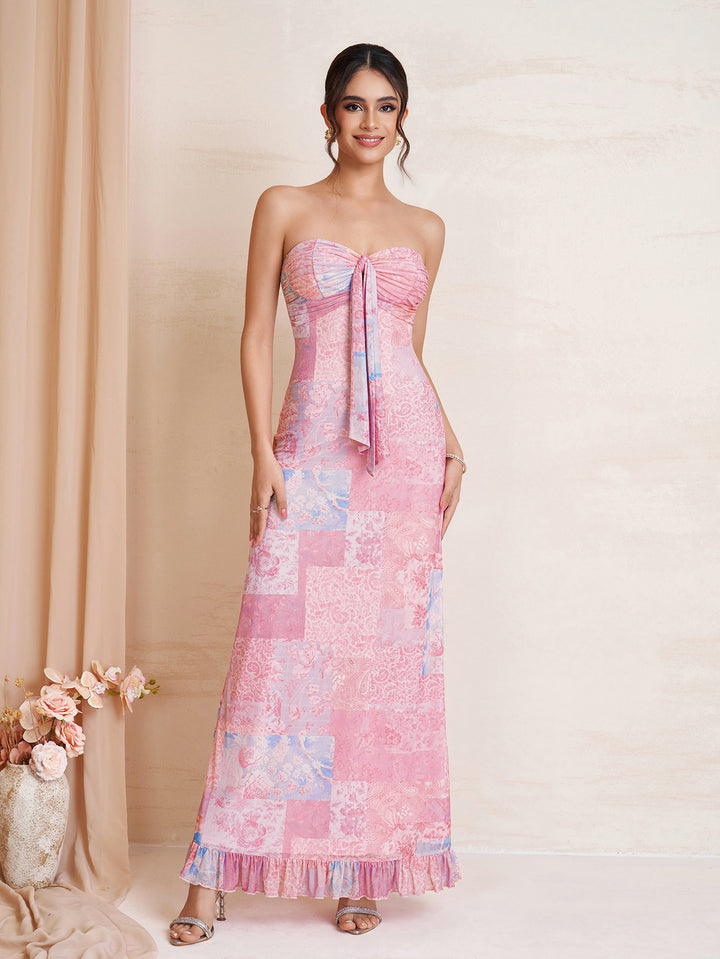 Ruched Ruffle Hem Tie Front Floral Print Tube Dress
