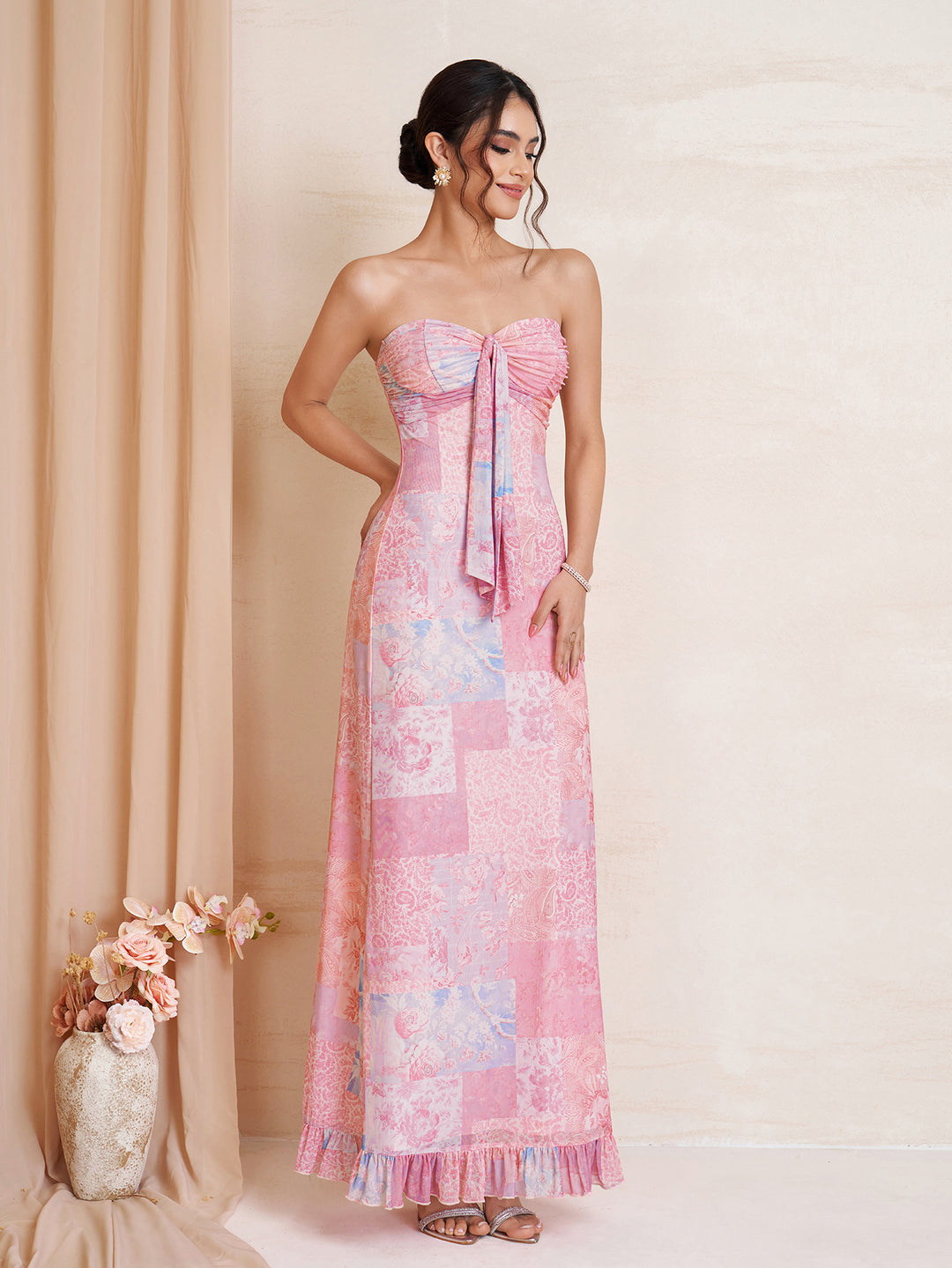 Ruched Tie Front Ruffle Hem Floral Print Tube Dress