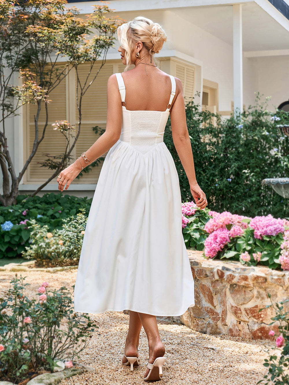 Tie Front Square Neck Shirred Ruched Sundress, White / XS